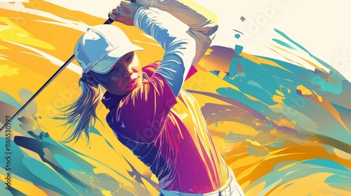 Female Golfer Performing a Powerful Drive on a Vibrant Abstract Course..