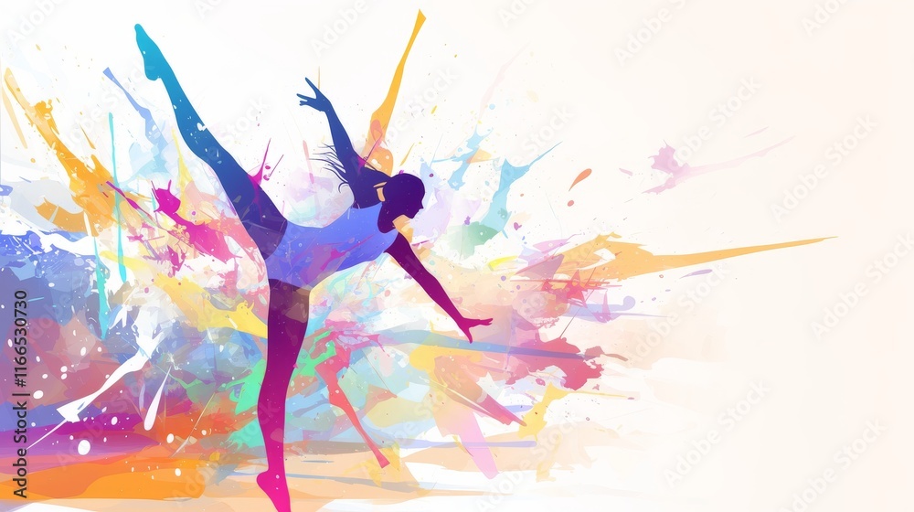Obraz premium Female Gymnast Performing a Split Leap Amidst an Abstract Colorful Explosion..