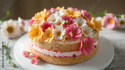 Flower cake, flowers, food photography, beautiful, delicious food, recipe photography, realistic, natural light, colorful, food art, object photography, still life food photography, ultra hd, bokeh, c photo