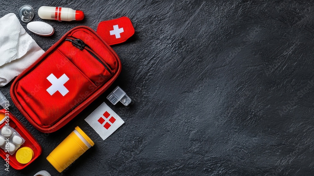 Naklejka premium [first aid kit aid tourniquet] Medical Emergency Kit Chaos with Red First Aid Box & Medical Supplies Spilled Out on Black Countertop