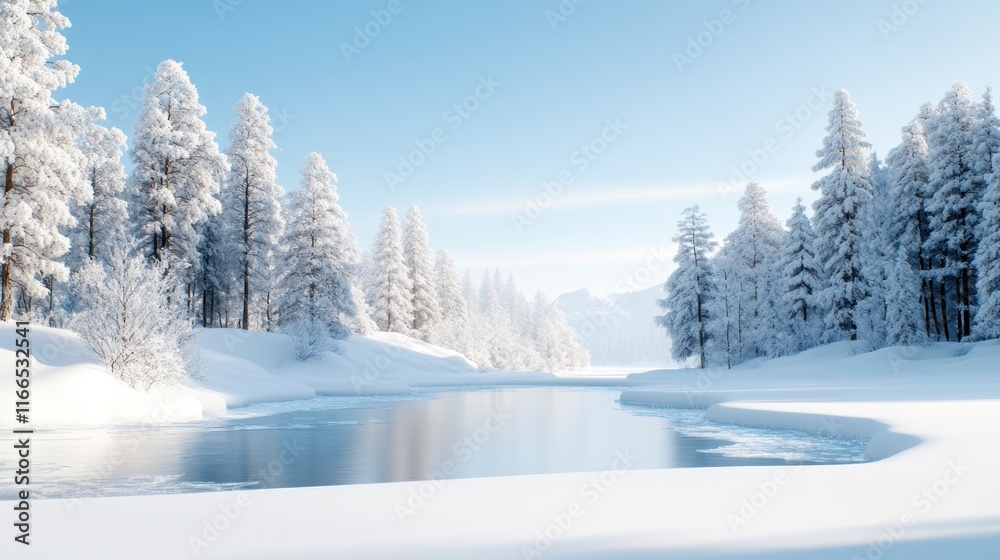 Serene winter landscape with snow-covered trees and a calm river. Serene winter landscape with snow-covered trees and a calm river.