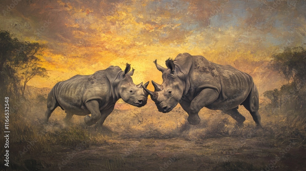 Fototapeta premium fight, a confrontation between two white rhino in the savannah
