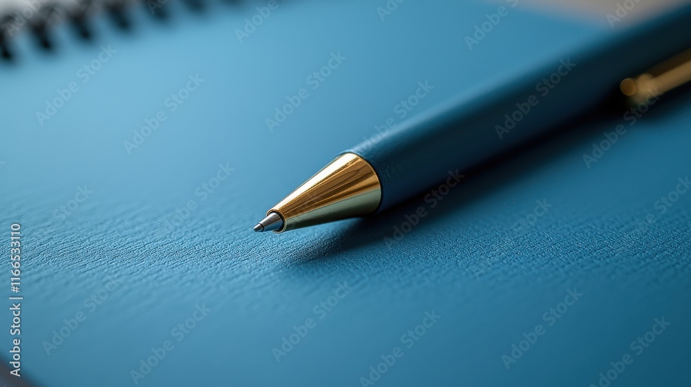 [goal-setting and planning development productivity SMART] Productive Workspace Blue Notebook with Pen, Creative Writing Inspiration