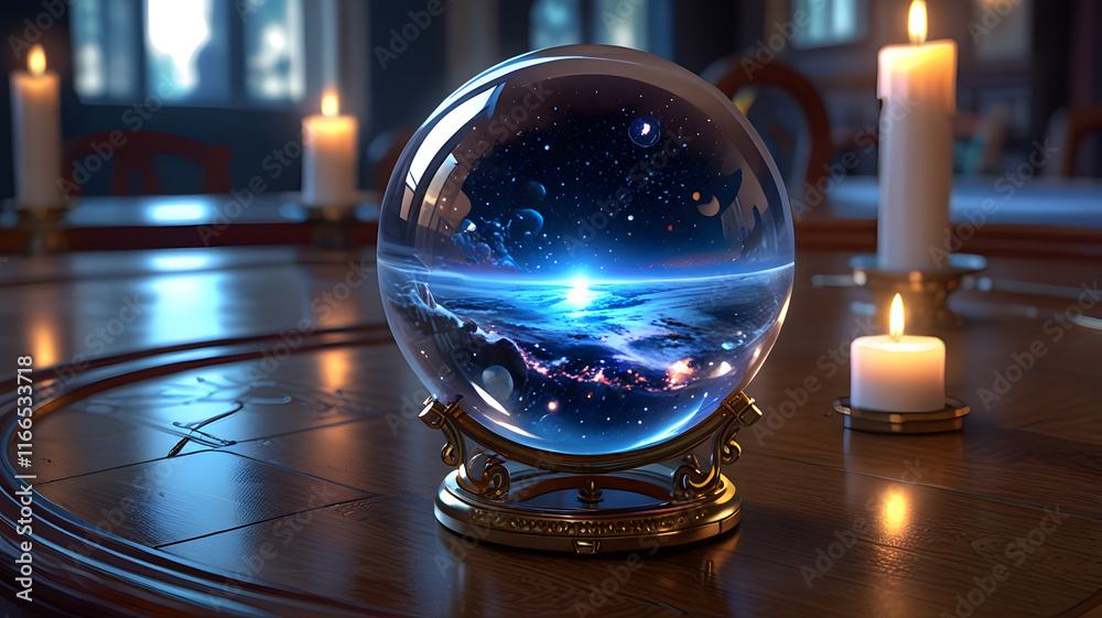 Fototapeta premium Glass Orb on Tabletop with Universe-Like Depths and Candle Reflections. Perfect for: astronomy events, artistic installations, luxury decor, cosmic-themed designs