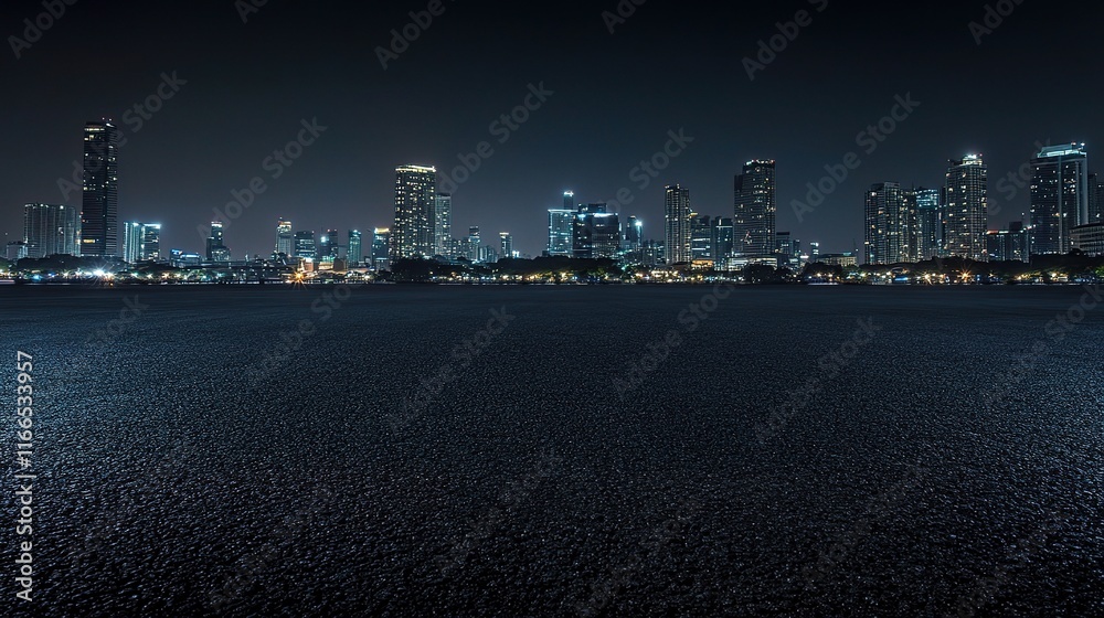 Fototapeta premium Bangkok Night Skyline with Empty Asphalt Road View