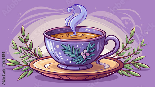 A rustic ceramic teacup filled with steaming tea, sitting on a soft lavender background