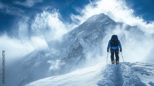 A lone climber ascends a snowy mountain peak in the Himalayas, facing a challenging climb towards the summit with wind-swept clouds and a blue sky.