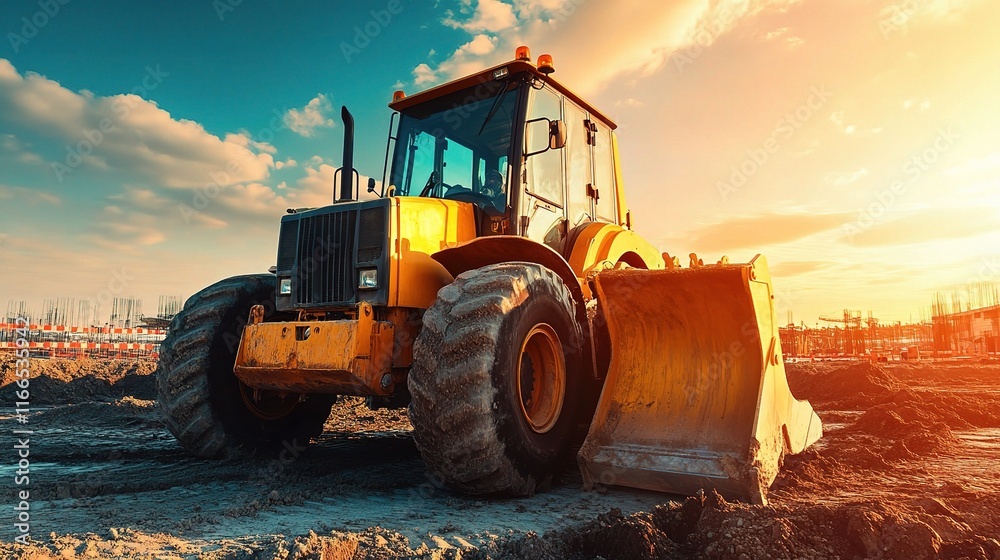 Fototapeta premium Bulldozer on Construction Site Clearing Land at Sunset