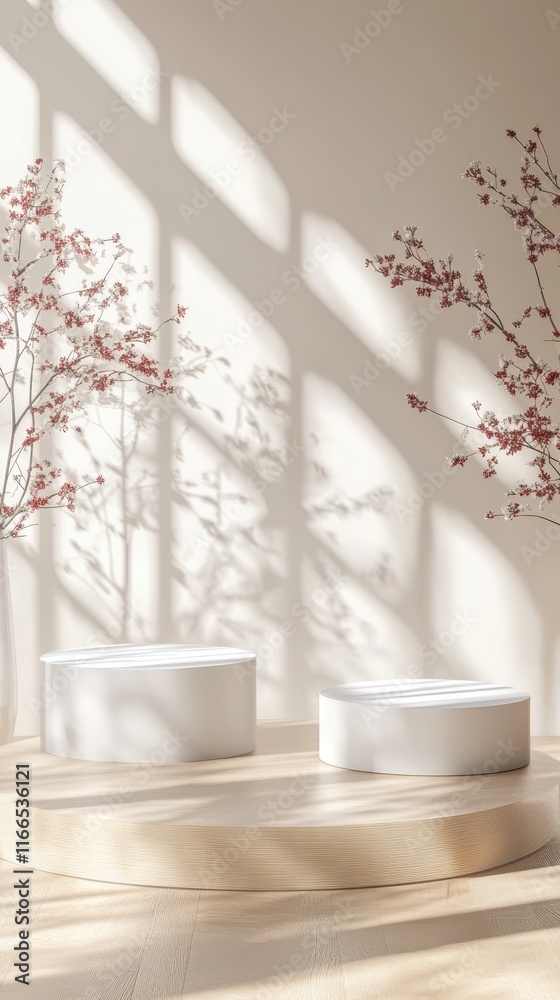 A bright and airy product mockup scene with three empty podiums positioned in a spacious layout, complemented by a faint holiday design in the background. A bright and airy product mockup scene with three empty podiums positioned in a spacious layout, complemented by a faint holiday design in the background.