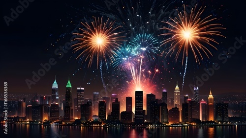 Realistic colorful explosion of fireworks over the night city Generative AI photo