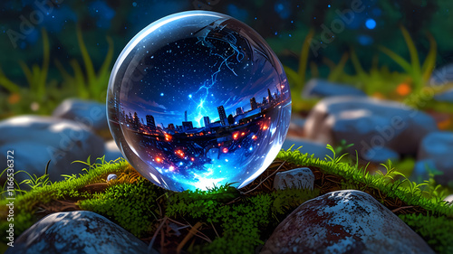 Crystal Ball with Constellations and Meteors on Mossy Rocks. Perfect for: astrology events, cosmic themes, fantasy visuals, mysterious displays photo