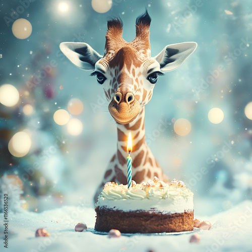 A cute baby giraffe celebrating a birthday with a cake and a single candle, surrounded by a dreamy, festive background with bokeh lights