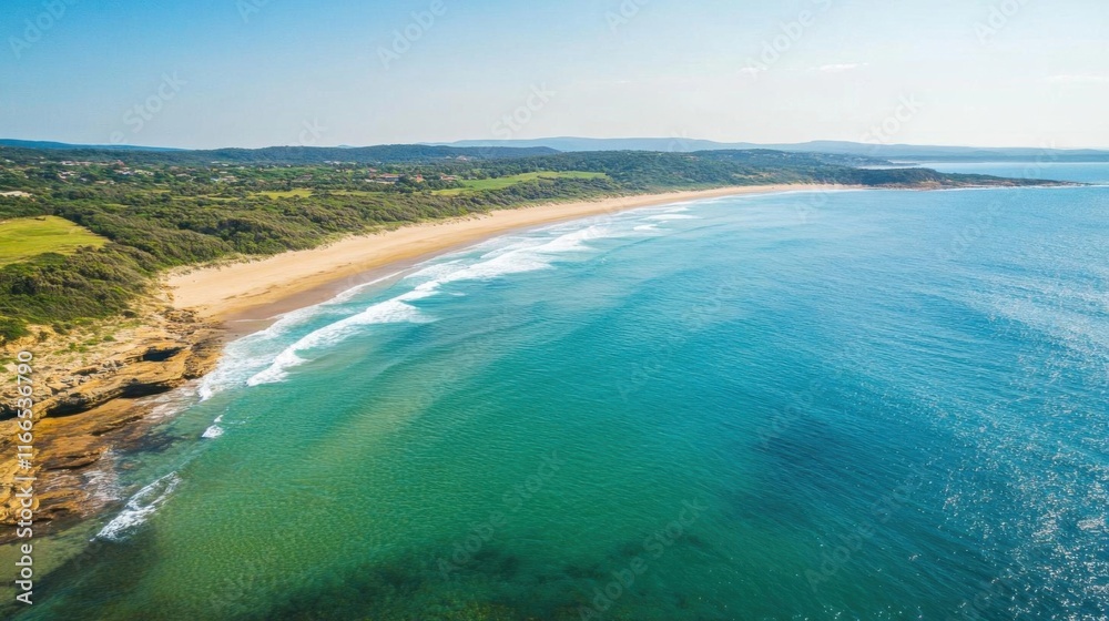 Obraz premium Aerial view of sea waves shore, summer beach and bright coastline.