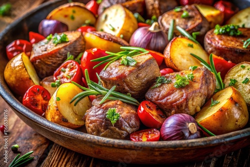 Macro Shot: Juicy Roasted Potatoes, Succulent Meat, & Colorful Vegetables photo