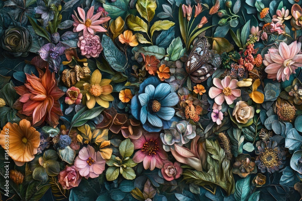 Naklejka premium A Darkly Romantic Arrangement Of Exquisite Flowers And A Butterfly