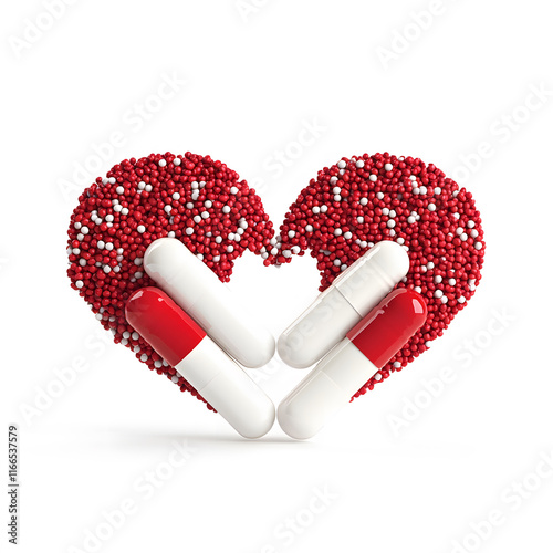 pair of intertwined capsules forming heart shape, symbolizing love and health. vibrant red and white colors create striking visual, evoking emotions of care and wellness photo