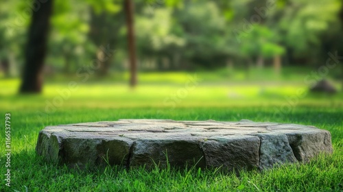 Scenic meadow with stone podium, ideal for advertising and product showcase. photo