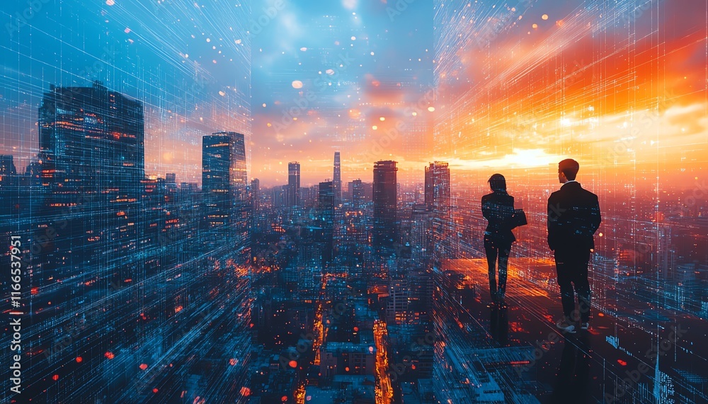 Fototapeta premium Futuristic cityscape concept with architects studying abstract designs, aiming to create innovative and sustainable buildings to reshape the urban environment