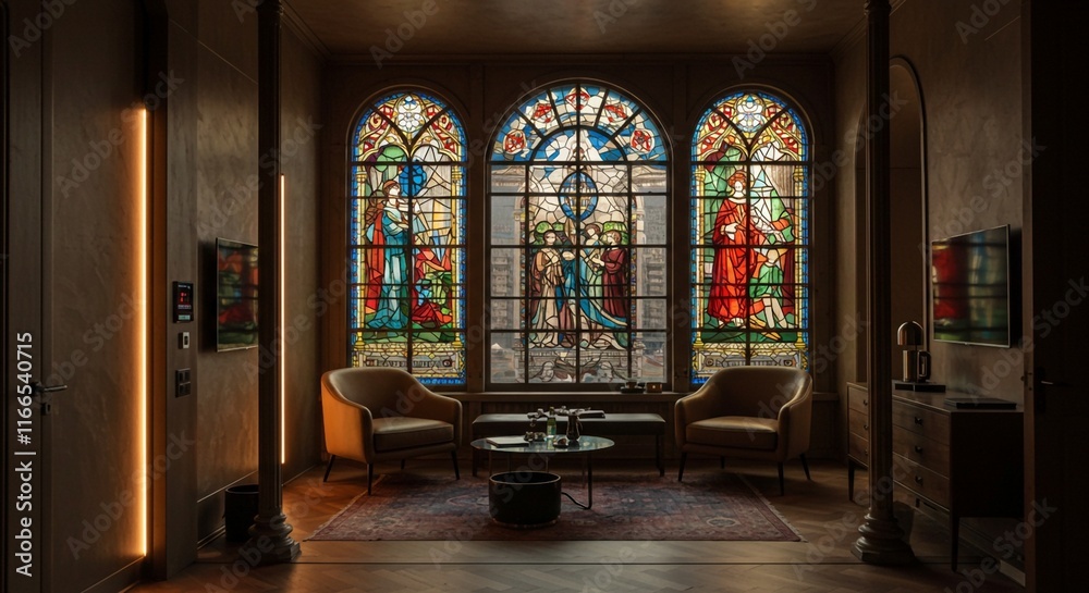 Fototapeta premium Sunlight streaming through stained glass windows illuminates a luxurious living room, creating a warm and elegant atmosphere