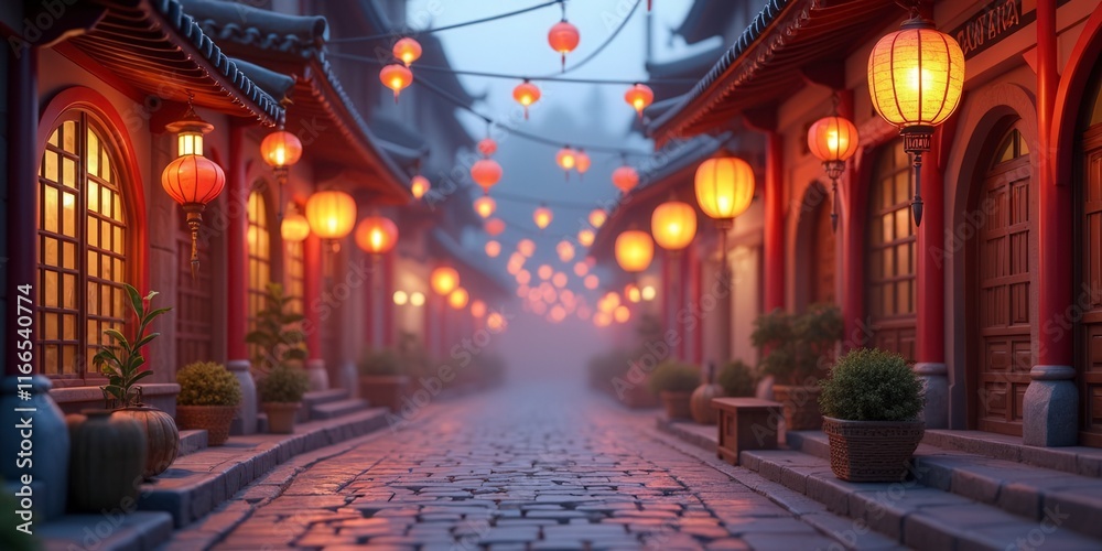 Serene Asian Street at Dusk, Lantern Lit Serene Asian Street at Dusk, Lantern Lit