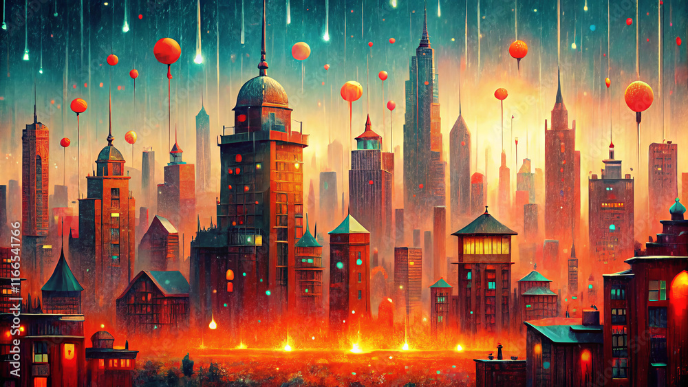 Fototapeta premium whimsical cityscape with vibrant colors and floating lanterns