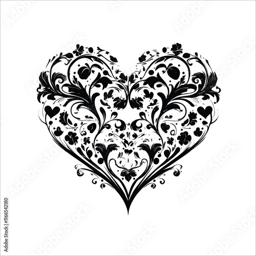 heart with a heart valentine Day vector ,floral, flower, vector, pattern, heart, design, ornament, leaf, decoration, illustration, swirl, element, art, vintage, scroll, love, plant, black, tattoo, orn