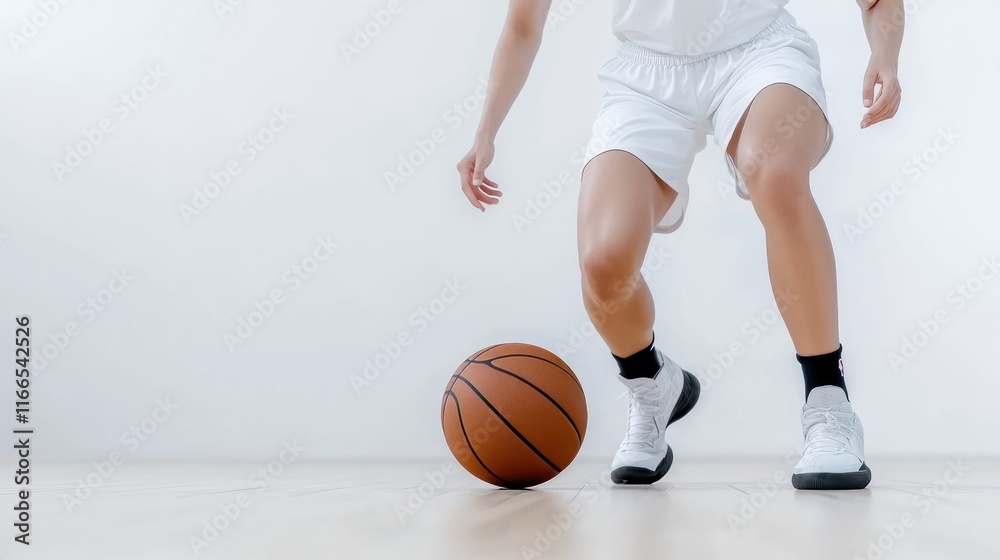 A basketball player dribbling a ball on a wooden floor. A basketball player dribbling a ball on a wooden floor.