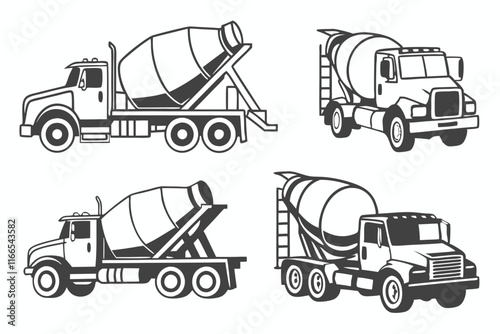 different styles of construction Concrete Mixer Truck silhouette clipart set on white background.