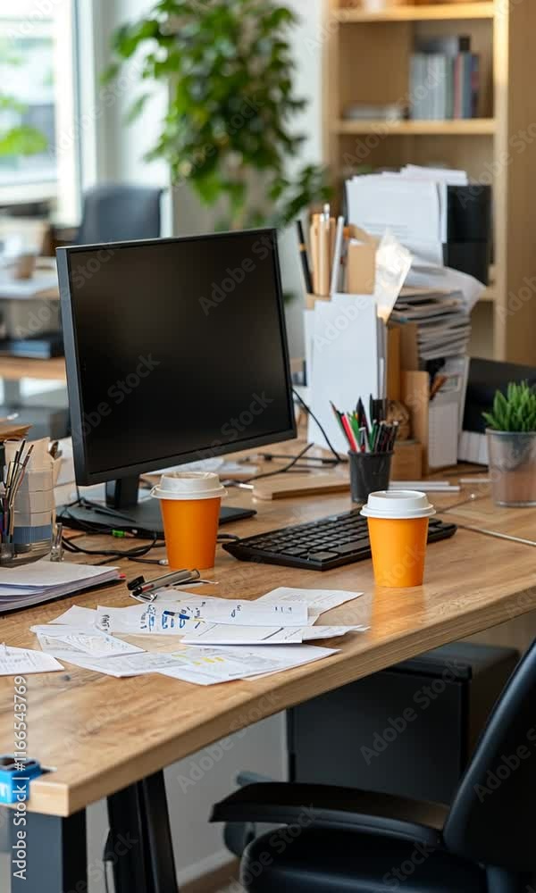 A cluttered office desk with a computer and coffee cups. A cluttered office desk with a computer and coffee cups.