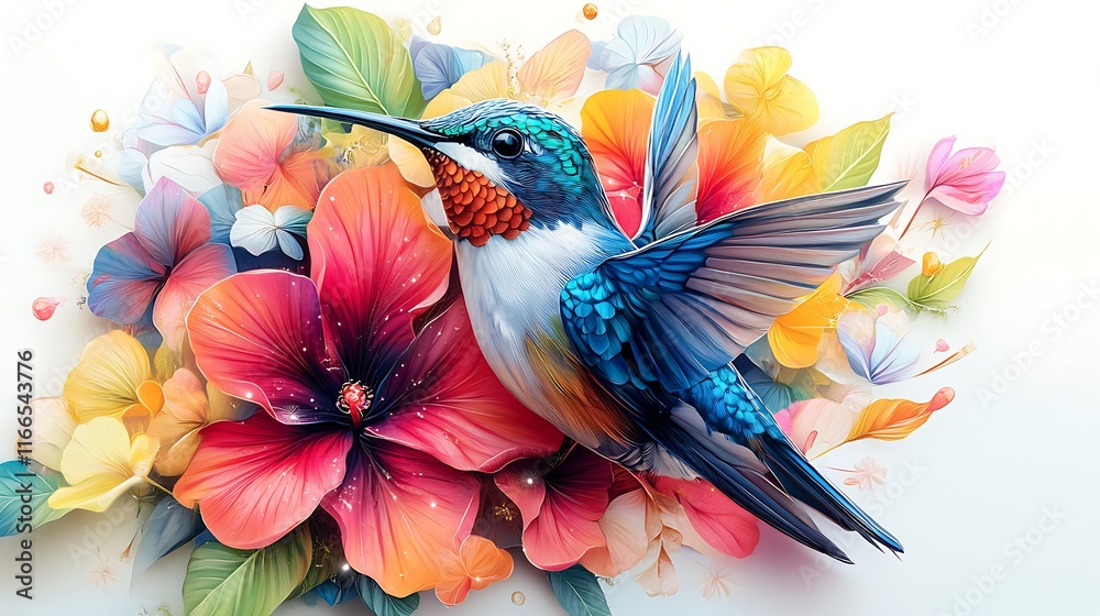 Fototapeta premium Hummingbird in colorful bloom nature digital art vibrant scene