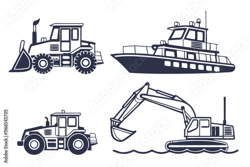 river and earth Dredgers vehicle silhouette clipart set on white background.