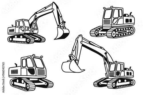 different styles of construction Excavator silhouette bundle on white background.