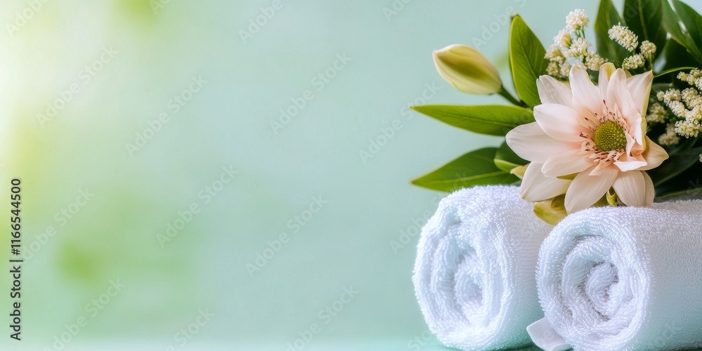A serene spa setting featuring rolled towels and an elegant flower, perfect for relaxation and wellness themes.