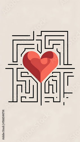 A minimalist vector art piece of a heart inside a maze, symbolizing the complexity and emotional confusion of modern-day relationships like situationships.

