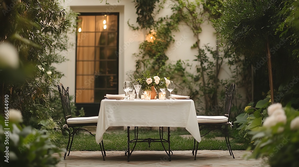 Fototapeta premium Romantic dinner setup garden photography evening intimate atmosphere