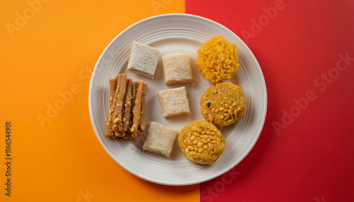 Indian traditional sweets like laddoo, Gazak, Til Gazak, Brafi on a plate during Lohri & Baisakhi Pooja photo