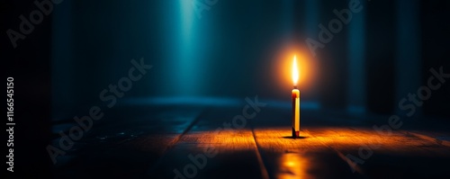 A solitary candle illuminates a dark room, symbolizing hope, tranquility, and reflection in a serene setting.