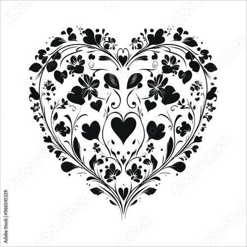 heart with a heart valentine Day vector ,floral, flower, vector, pattern, heart, design, ornament, leaf, decoration, illustration, swirl, element, art, vintage, scroll, love, plant, black, tattoo, orn