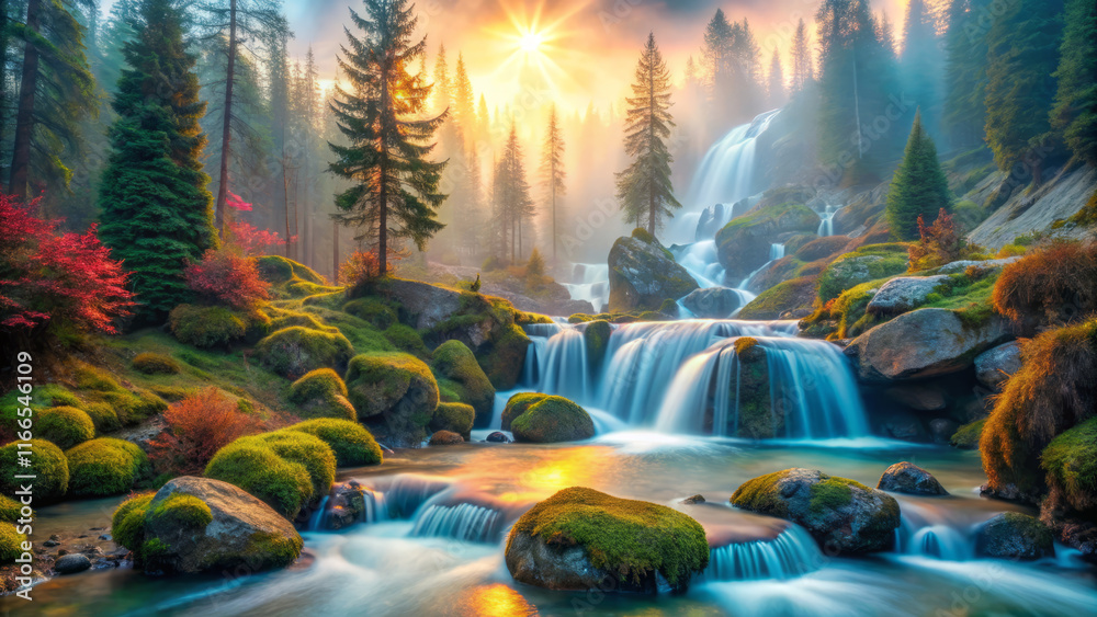 Fototapeta premium serene waterfall cascading through lush forest landscape, illuminated by sunrise