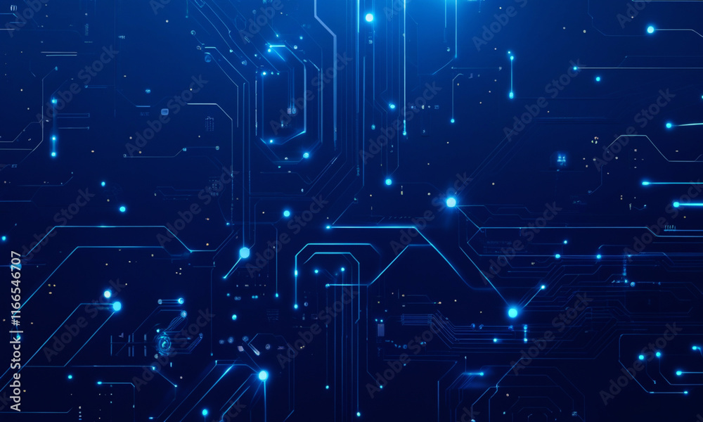 Fototapeta premium Abstract High-Tech Blue Circuit Board Illustration with Glowing Elements, Futuristic Technology, Digital Innovation, and Cyber Network Design for Modern Technology Concepts