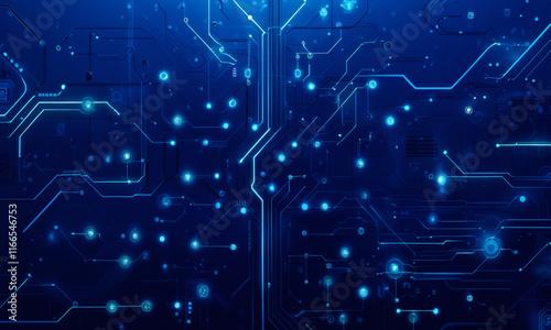 Abstract High-Tech Blue Circuit Board Illustration with Glowing Elements, Futuristic Technology, Digital Innovation, and Cyber Network Design for Modern Technology Concepts