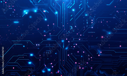 Abstract High-Tech Blue Circuit Board Illustration with Glowing Elements, Futuristic Technology, Digital Innovation, and Cyber Network Design for Modern Technology Concepts