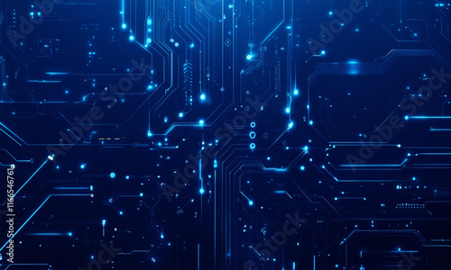 Abstract High-Tech Blue Circuit Board Illustration with Glowing Elements, Futuristic Technology, Digital Innovation, and Cyber Network Design for Modern Technology Concepts