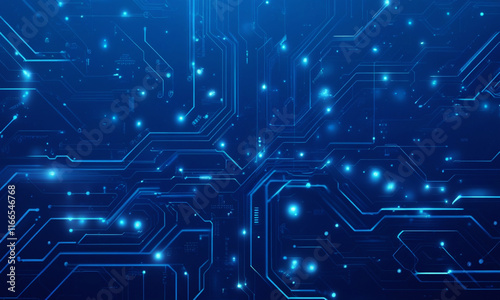 Abstract High-Tech Blue Circuit Board Illustration with Glowing Elements, Futuristic Technology, Digital Innovation, and Cyber Network Design for Modern Technology Concepts