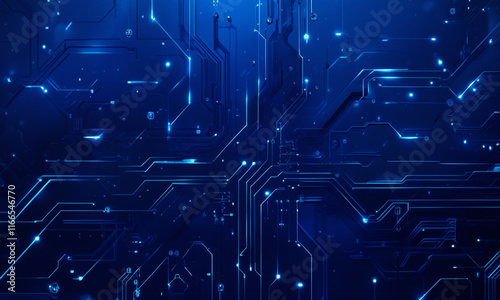 Abstract High-Tech Blue Circuit Board Illustration with Glowing Elements, Futuristic Technology, Digital Innovation, and Cyber Network Design for Modern Technology Concepts