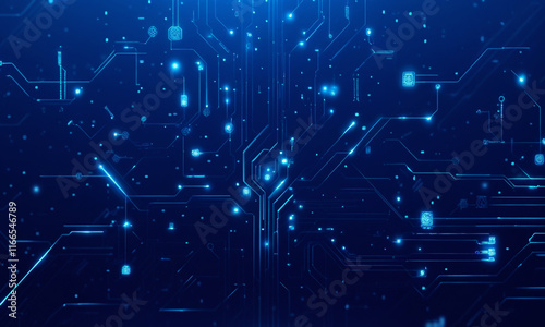 Abstract High-Tech Blue Circuit Board Illustration with Glowing Elements, Futuristic Technology, Digital Innovation, and Cyber Network Design for Modern Technology Concepts