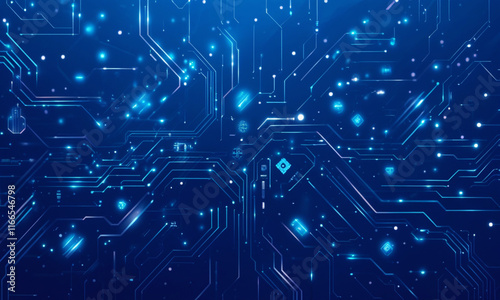 Abstract High-Tech Blue Circuit Board Illustration with Glowing Elements, Futuristic Technology, Digital Innovation, and Cyber Network Design for Modern Technology Concepts