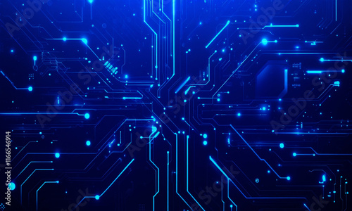 Abstract High-Tech Blue Circuit Board Illustration with Glowing Elements, Futuristic Technology, Digital Innovation, and Cyber Network Design for Modern Technology Concepts