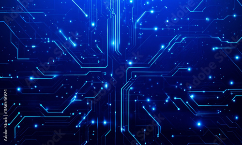 Abstract High-Tech Blue Circuit Board Illustration with Glowing Elements, Futuristic Technology, Digital Innovation, and Cyber Network Design for Modern Technology Concepts