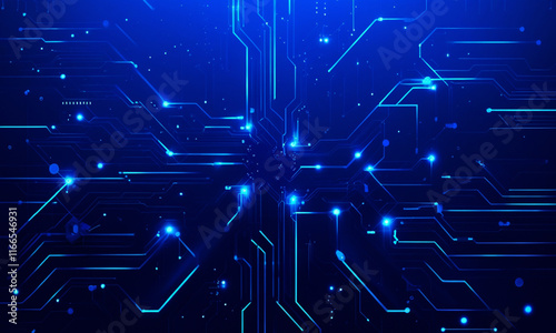 Abstract High-Tech Blue Circuit Board Illustration with Glowing Elements, Futuristic Technology, Digital Innovation, and Cyber Network Design for Modern Technology Concepts